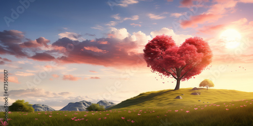 Dreamy Landscape: Heart-Shaped Red Tree in a Serene Green Meadow photo