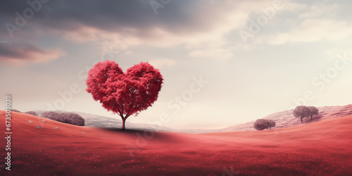 Minimalist Panorama: Heart-Shaped Red Tree in a Reddish Field
