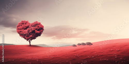 Romantic Minimalism: Red Heart Tree in a Dreamlike Landscape