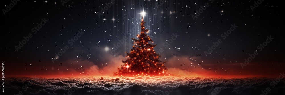 Elegant Festive Christmas Tree on a Dark Background with Magical Starry Night Sky - obrazy, fototapety, plakaty 