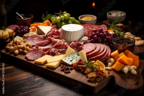 Delicious Meat Sausages, Antipasti, and Delicacies Platter with Cheese Selection