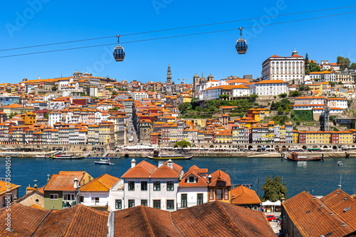 Aerial panorama of Porto with steep cable railway and the medieval Ribeira (riverside) district, narrow cobbled streets wind past merchants’ houses and cafes