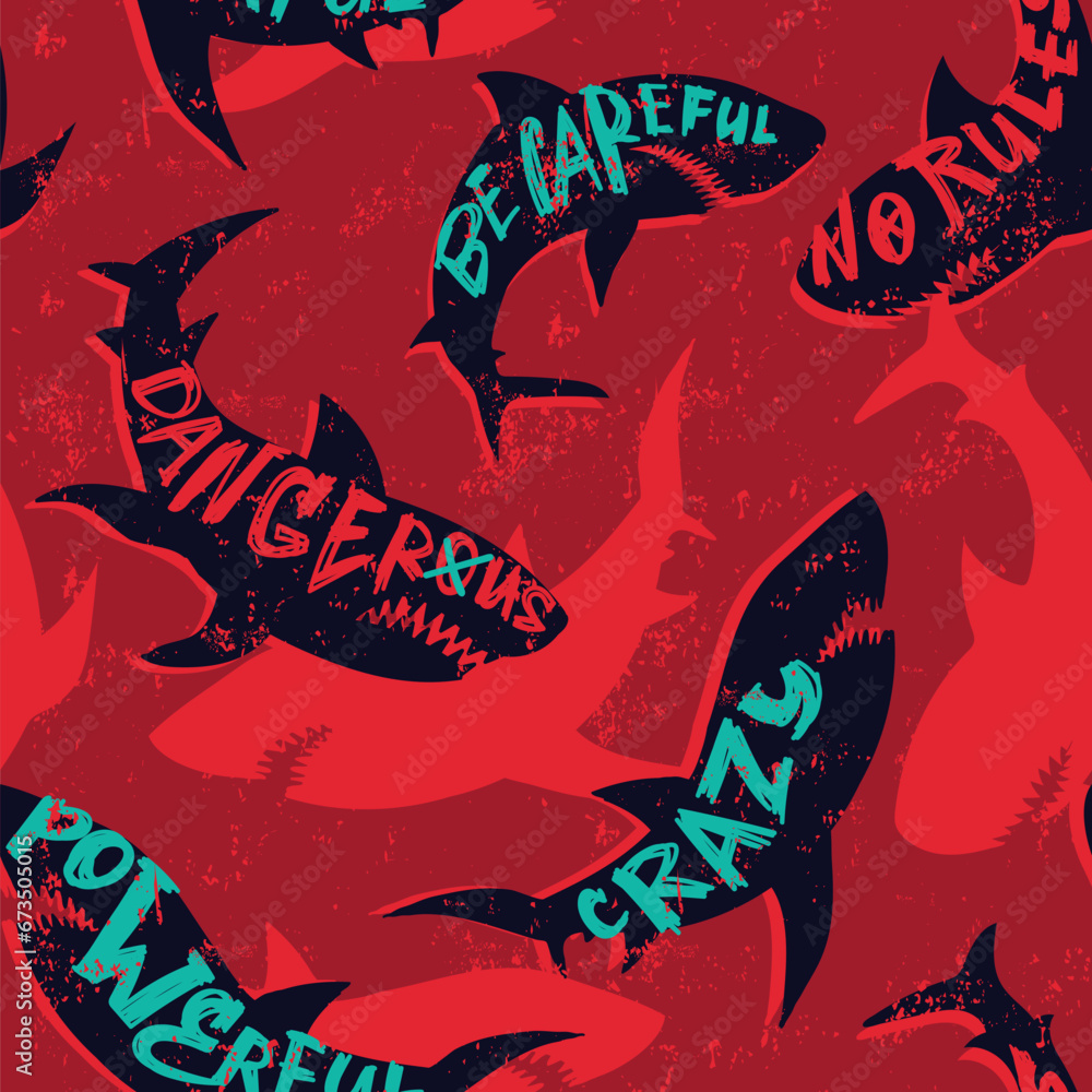 Abstract seamless pattern with shark silhouette on grunge linear background with arrows, text dangerous power attack. Shark silhouette repeat ornament. Big fish predator repeat print 