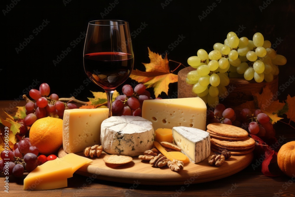 Gourmet Delight. Wooden Plate with Starter Selection, Cheese Platter, Grapes, and Red Wine