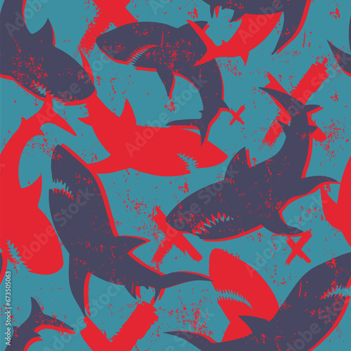 Abstract seamless pattern with shark silhouette on grunge linear background with arrows, text dangerous power attack. Shark silhouette repeat ornament. Big fish predator repeat print for sport textile