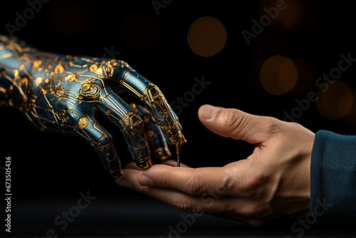 Futuristic AI. Robotic Hand and Human-Like Robot in Technology Development and Science Connection
