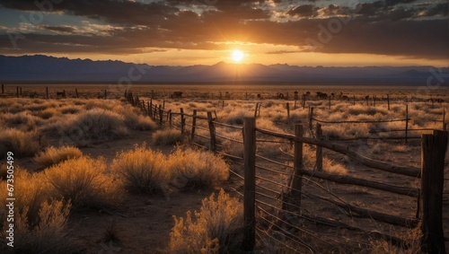 A cattle ranch, nestled in the desert, stands silhouetted against the setting sun. Generative IA