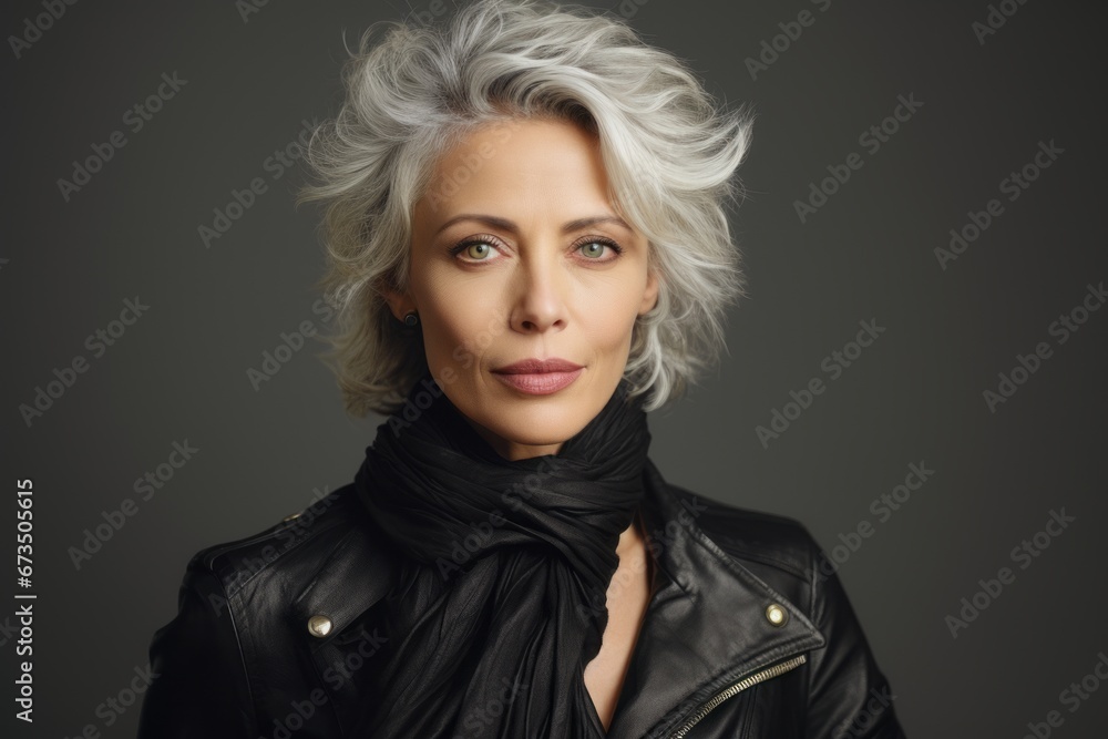 Portrait of a beautiful middle-aged woman in a black leather jacket on a gray background.