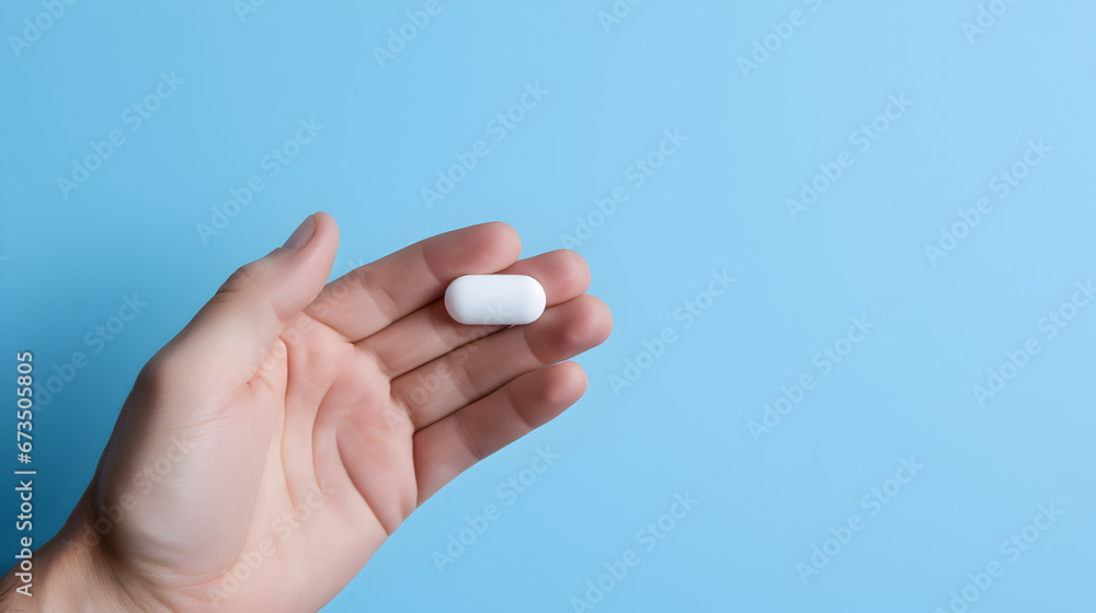 Hand Holding Pill on Blue: A Healthcare and Medication Concept., hand holding white capsule on blue background. Close, copy space. Medicine concept