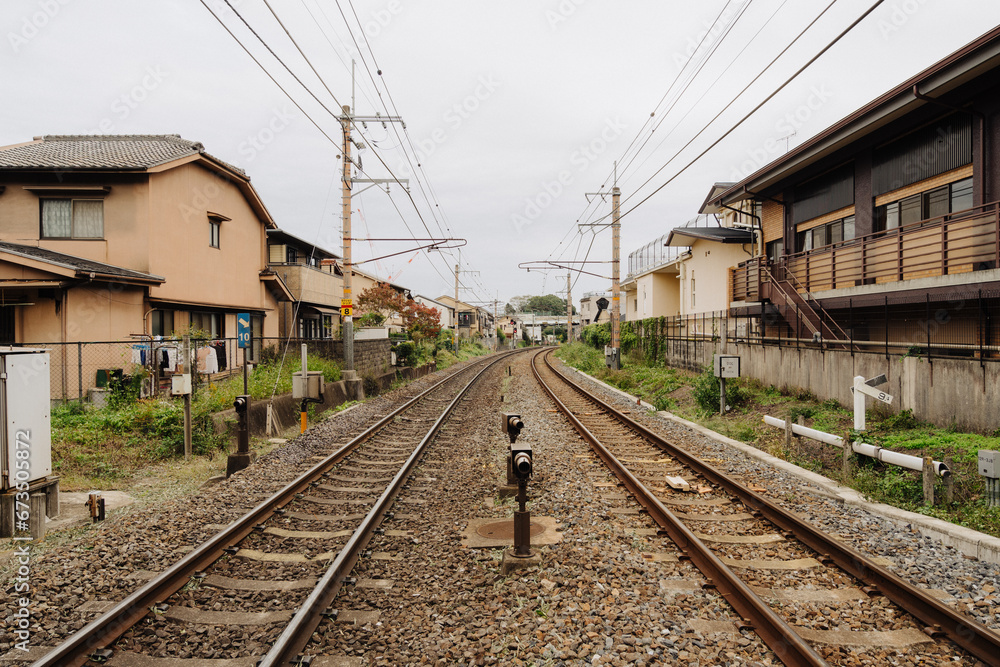 Train tracks running through Kyoto, Japan.