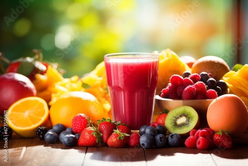Vibrant Assortment of Fresh Fruits and Festive Smoothie in a Bright Kitchen Setting