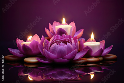 flores de loto junto a velas encendidas sobre fondo morado