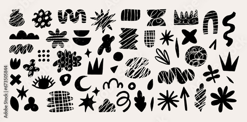 Hand drawn naive  bizarre abstract geometric shapes and forms. Modern contemporary figures  various organic shapes and doodle objects  vector graphic elements