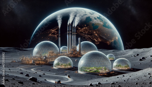 Futuristic Image of an Oxygen Factory on the Moon with Earth in the Backdrop.