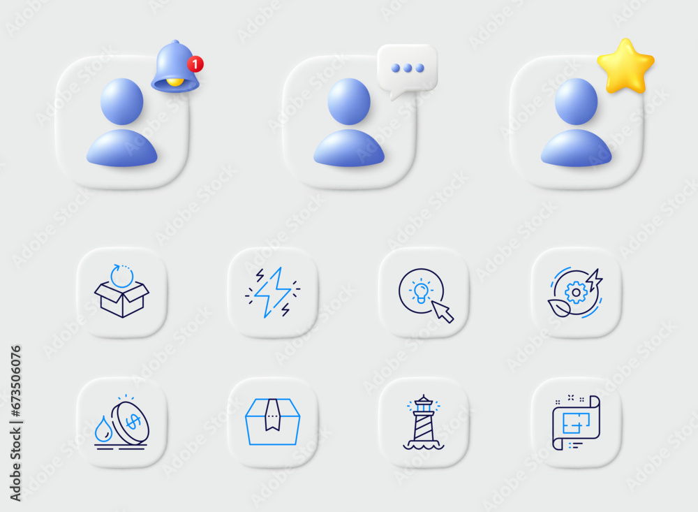 Lighthouse, Energy and Return package line icons. Placeholder with 3d star, reminder bell, chat. Pack of Green energy, Package box, Fuel price icon. Architectural plan, Power pictogram. Vector Lighthouse, Energy and Return package line icons. Placeholder with 3d star, reminder bell, chat. Pack of Green energy, Package box, Fuel price icon. Architectural plan, Power pictogram. Vector