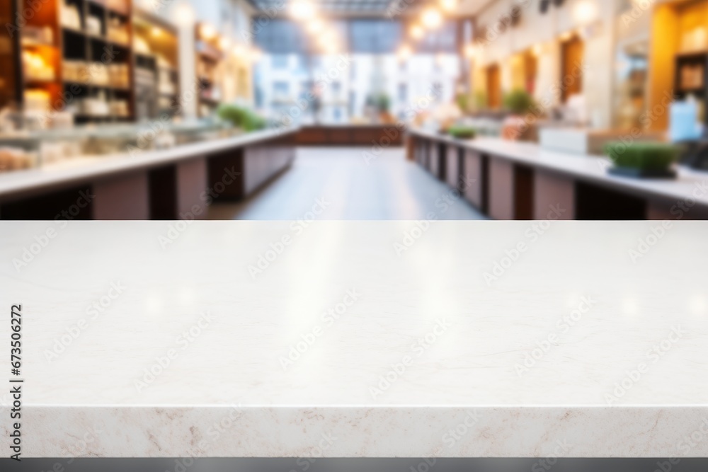 Blurred White Stone Table for Product Display in Bright Shopping Centre or Restaurant Interior