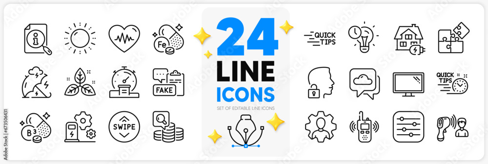 Icons set of Heartbeat, Stress protection and Home charging line icons pack for app with Swipe up, Niacin vitamin, Fair trade thin outline icon. Weather forecast, Inspect, Timer pictogram. Vector