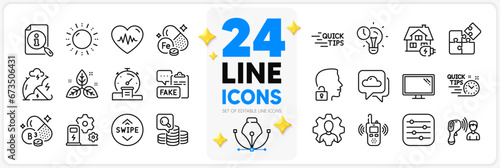 Icons set of Heartbeat, Stress protection and Home charging line icons pack for app with Swipe up, Niacin vitamin, Fair trade thin outline icon. Weather forecast, Inspect, Timer pictogram. Vector