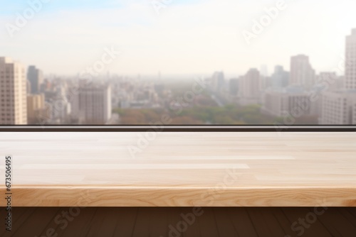 Empty Wooden Table Top in Modern Kitchen with Bright Blurred Cityscape View for Product Placement