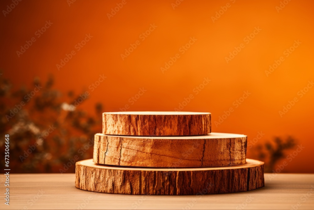 Natural Wooden Saw Stump Cut Cylinder - Minimalistic Eco-Style Design on Orange Background Natural Wooden Saw Stump Cut Cylinder - Minimalistic Eco-Style Design on Orange Background