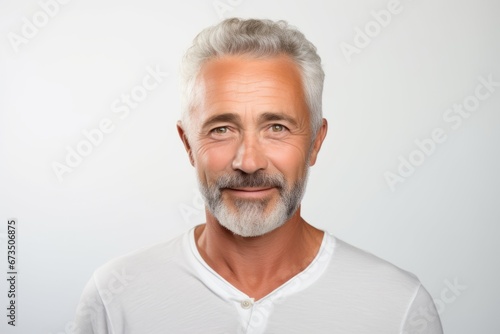 Portrait of handsome senior man in white t-shirt on grey background © Inigo