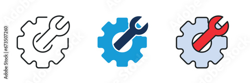 Wrench and cogwheel icon. Line, glyph and filled outline colorful version. Symbol, logo illustration. Different style icons set. Pixel perfect vector graphics.