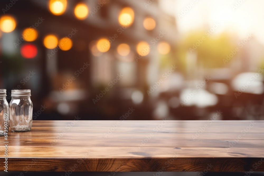 Evening Cityscape. Empty Wood Table with Stunning Bokeh Background, Perfect for Product Placement