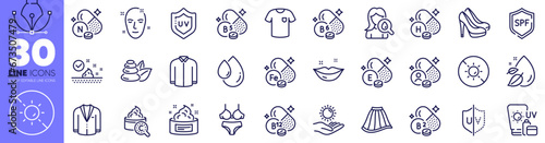 Moisturizing cream  Spa stones and Pantothenic acid line icons pack. Shoes  Shirt  Spf protection web icon. Sun protection  Riboflavin vitamin  Collagen skin pictogram. Water drop  Skirt  Iron. Vector