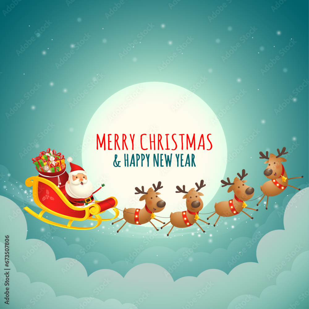 Naklejka premium Santa Claus sleigh - silhouette on moon greeting card 