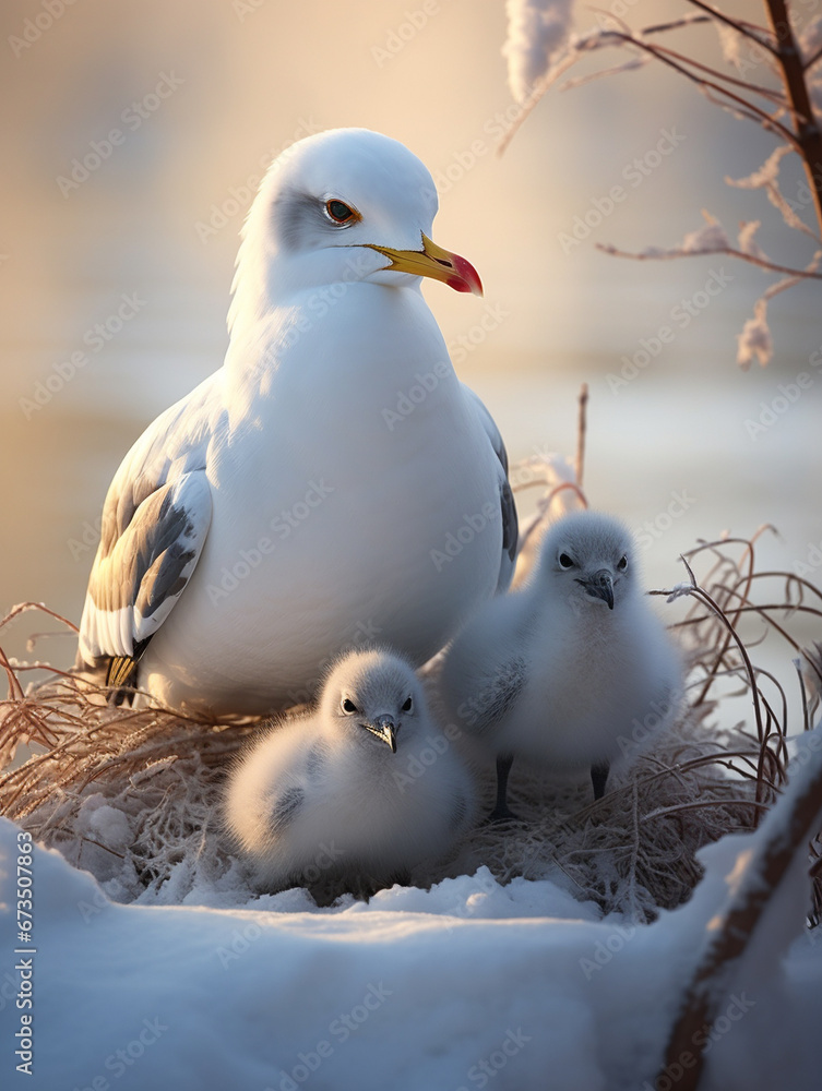 A Photo of a Seagull and Her Babies in a Winter Setting A Photo of a Seagull and Her Babies in a Winter Setting