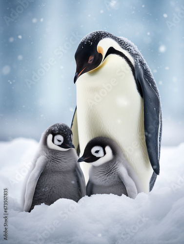 A Photo of a Penguin and Her Babies in a Winter Setting