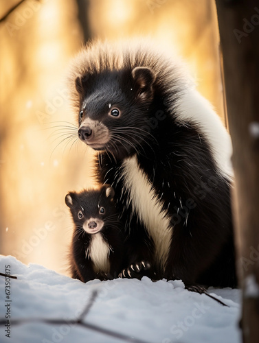 A Photo of a Skunk and Her Babies in a Winter Setting