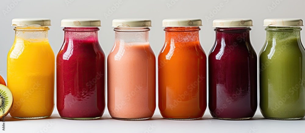 The idea of promoting well being through healthy food organic beverage and fasting detox is represented by a bottled fruit smoothie juice for cleansing It is also available for delivery as p - obrazy, fototapety, plakaty 