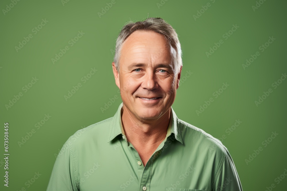 Portrait of smiling mature man in green shirt on green background. Portrait of smiling mature man in green shirt on green background.
