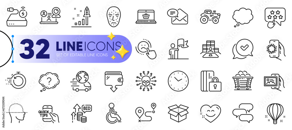 Outline set of Online shopping, Talk bubble and Development plan line icons for web with Coal trolley, Face scanning, Open box thin icon. Air balloon, Face biometrics, Education pictogram icon. Vector Outline set of Online shopping, Talk bubble and Development plan line icons for web with Coal trolley, Face scanning, Open box thin icon. Air balloon, Face biometrics, Education pictogram icon. Vector