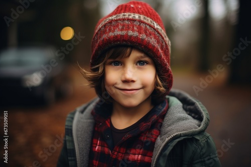 Portrait of a cute little boy in a red cap and scarf