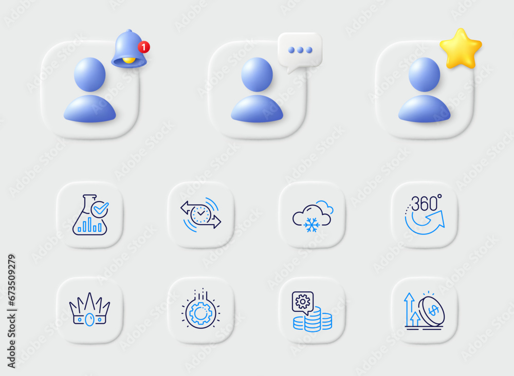 Excise duty, Chemistry lab and 360 degrees line icons. Placeholder with 3d star, reminder bell, chat. Pack of Gear, Making money, Snow weather icon. Timer, Crown pictogram. Vector Excise duty, Chemistry lab and 360 degrees line icons. Placeholder with 3d star, reminder bell, chat. Pack of Gear, Making money, Snow weather icon. Timer, Crown pictogram. Vector
