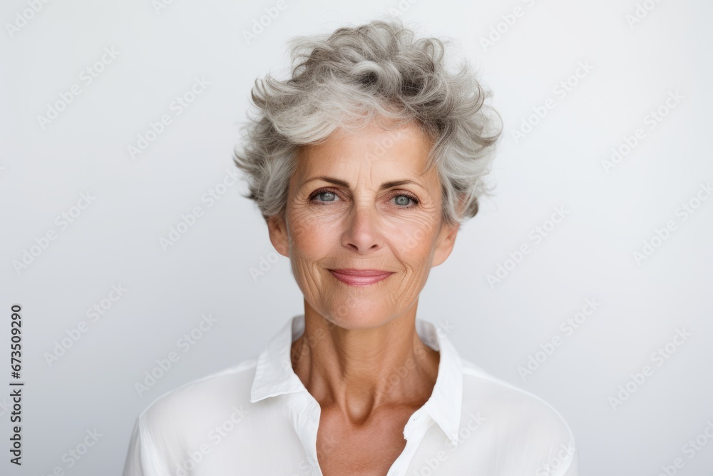 Portrait of smiling senior woman with grey hair against grey background.
