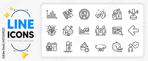 Christmas calendar, Microphone and Diagram graph line icons set for app include Financial diagram, Credit card, Metro subway outline thin icon. 360 degrees, Sun cream, Vip timer pictogram icon. Vector