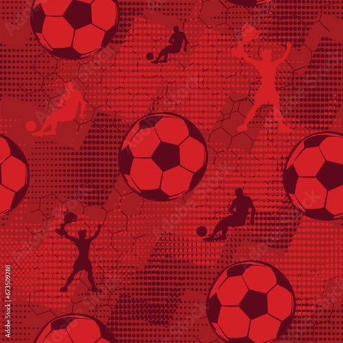 Abstract seamless football pattern. with soccer ball footballer silhouette on zigzag background. Grunge geometric textured print for sport textile, boy clothes. Soccer ball and arrows repeats print.