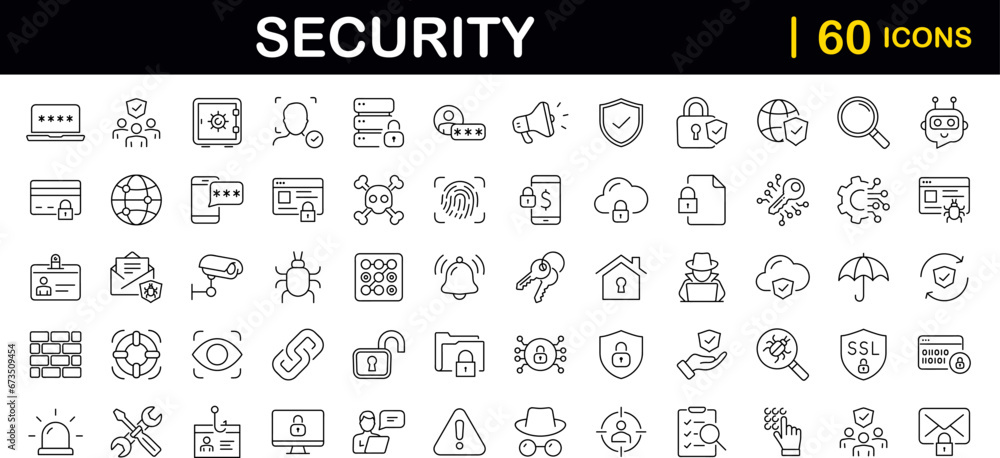 Security set of web icons in line style. Cyber Security and internet protection icons for web and mobile app. Password, security system, finger print, spy, electronic key and more. Vector illustration