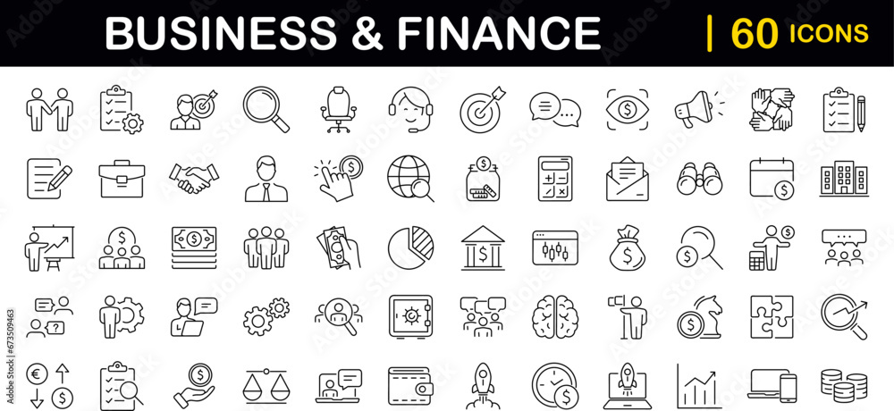 Business and finance set of web icons in line style. Money and business icons for web and mobile app. Money, business process, bank, teamwork, office, payment, management, wallet. Vector illustration