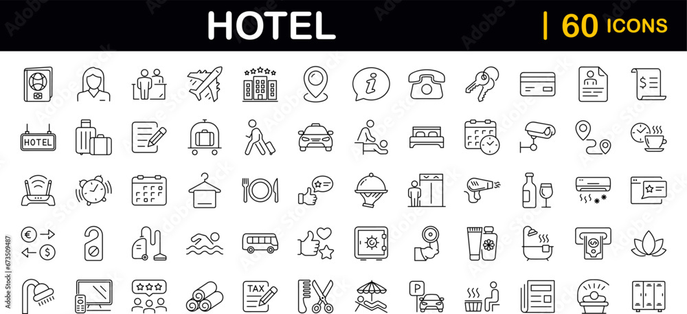 Hotel set of web icons in line style. Hotel and vacation icons for web and mobile app. Hotel services, recreational rest, relax, travel. Vector illustration