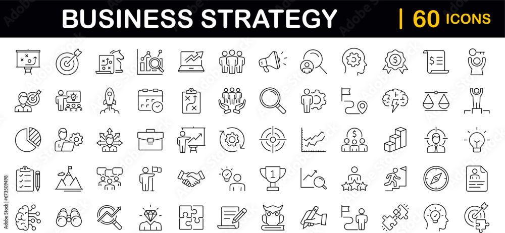 Business strategy set of web icons in line style. Business solutions icons for web and mobile app. Action List, research, solution, team, marketing, startup, advertising, business process, management