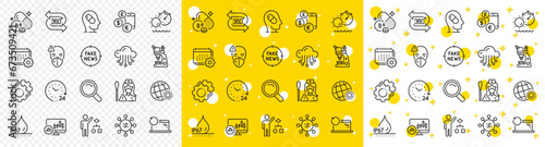 Outline Vitamin b6, Calendar and World weather line icons pack for web with 24 hours, Waterproof, Settings gears line icon. Recovery laptop, Discrimination, Fake news pictogram icon. Vector