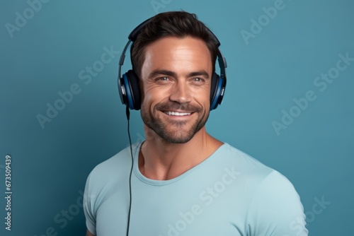 Portrait of handsome young man listening to music with headphones and smiling while standing against blue background