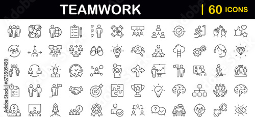 Team work set of web icons in line style. Teamwork and business cooperation icons for web and mobile app. Partnership, synergy, interaction, management, collaboration, meeting, workplace and more.