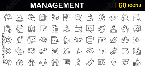 Fototapeta Naklejka Na Ścianę i Meble -  Business Management set of web icons in line style. Management icons for web and mobile app. Media, teamwork, vision, mission, business, planning, strategy, marketing. Vector illustration