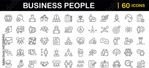 Fototapeta Naklejka Na Ścianę i Meble -  Business People set of web icons in line style. Teamwork in business management icons for web and mobile app. Business meeting, handshake, agreement, human resources, office management, workplace team