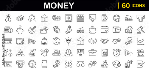 Money and finance set of web icons in line style. Payment and money icons for web and mobile app. Money, dollar, cash, pay, banking, business, finance, coin wallet, credit card. Vector illustration